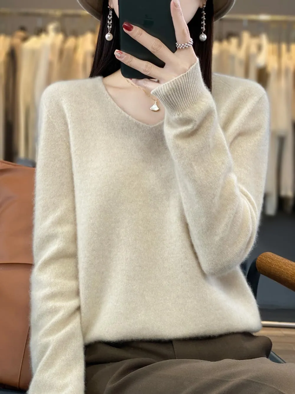 100% Merino Wool Sweaters Women's Female Fall Winter Warm Soft Knitted Loose Pullover V-Neck Long Sleeves(201)