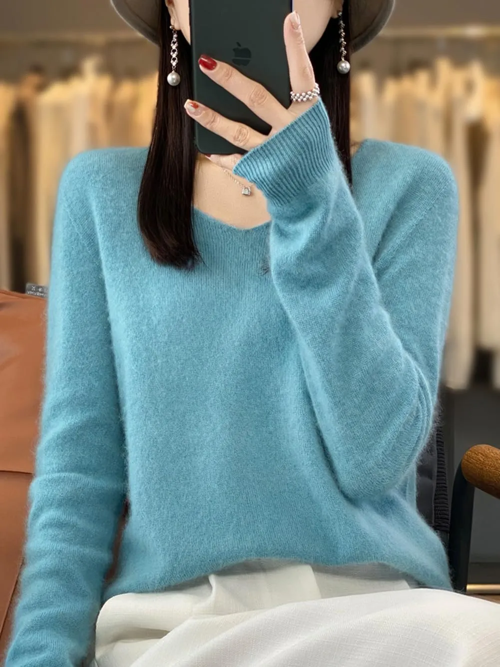 100% Merino Wool Sweaters Women's Female Fall Winter Warm Soft Knitted Loose Pullover V-Neck Long Sleeves(201)