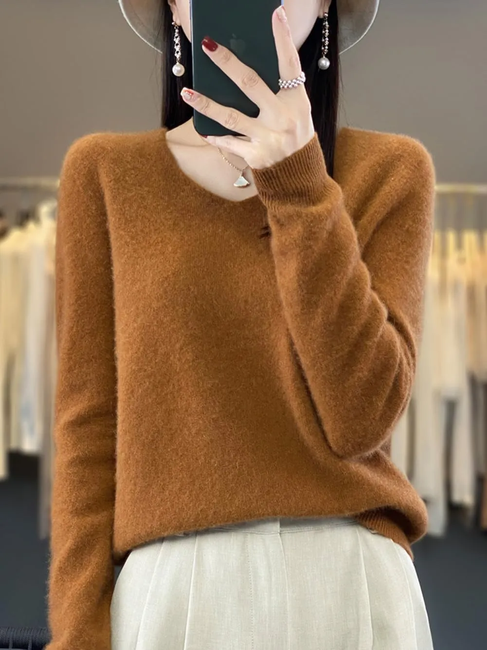 100% Merino Wool Sweaters Women's Female Fall Winter Warm Soft Knitted Loose Pullover V-Neck Long Sleeves(201)
