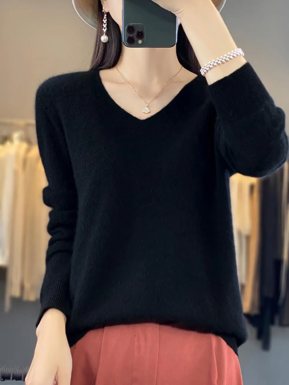100% Merino Wool Sweaters Women's Female Fall Winter Warm Soft Knitted Loose Pullover V-Neck Long Sleeves(201)