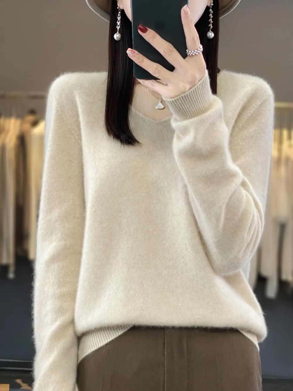 100% Merino Wool Sweaters Women's Female Fall Winter Warm Soft Knitted Loose Pullover V-Neck Long Sleeves(201)