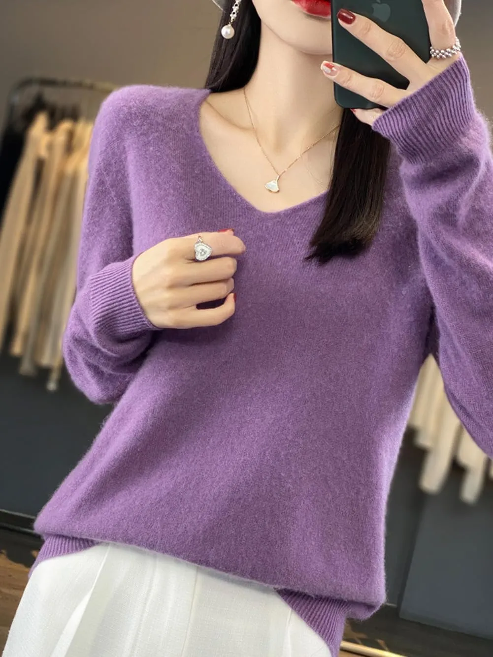 100% Merino Wool Sweaters Women's Female Fall Winter Warm Soft Knitted Loose Pullover V-Neck Long Sleeves(201)