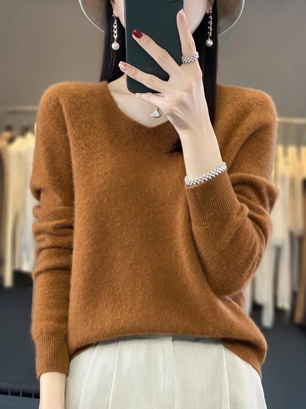 100% Merino Wool Sweaters Women's Female Fall Winter Warm Soft Knitted Loose Pullover V-Neck Long Sleeves(201)