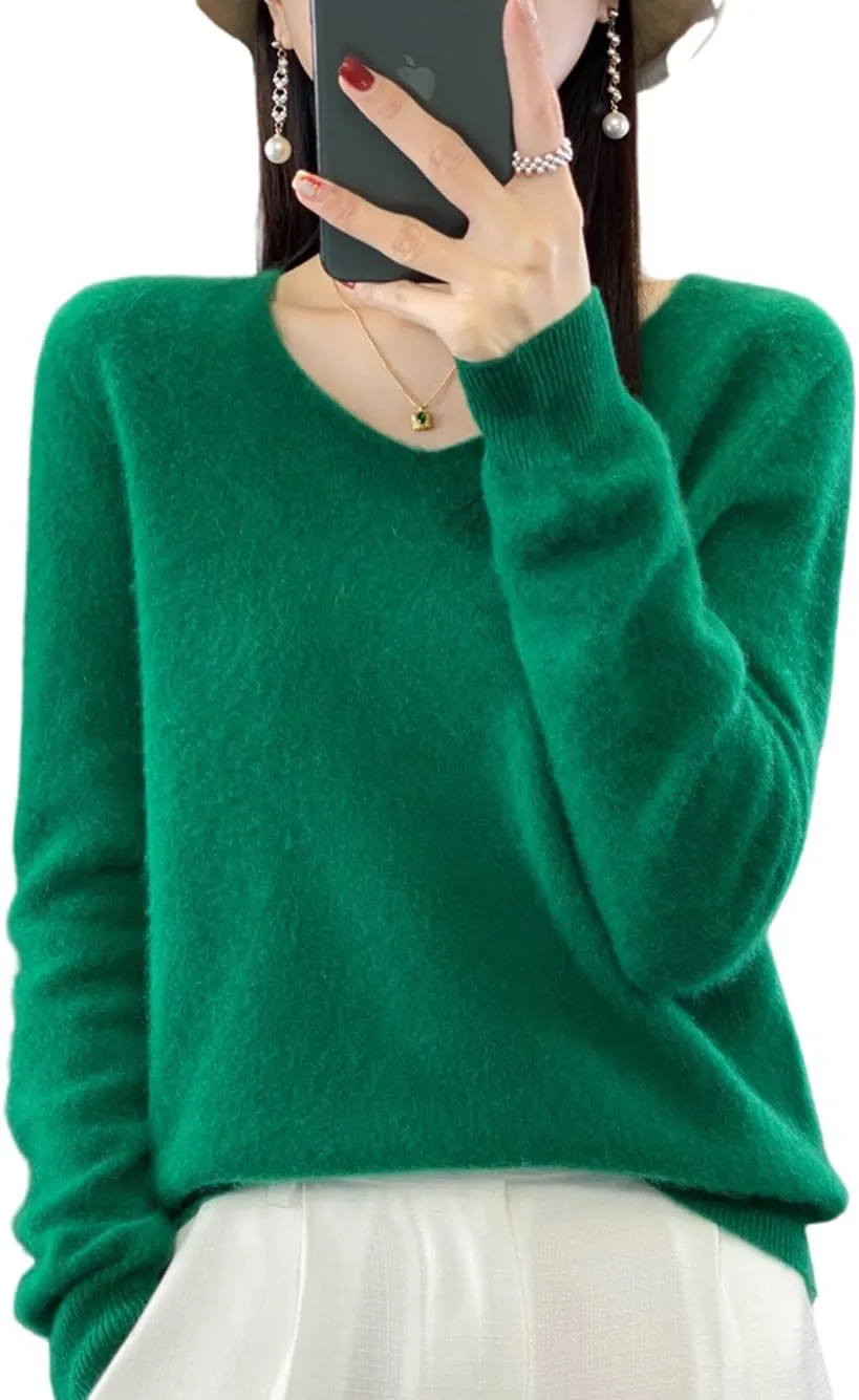 100% Merino Wool Sweaters Women's Female Fall Winter Warm Soft Knitted Loose Pullover V-Neck Long Sleeves(201)