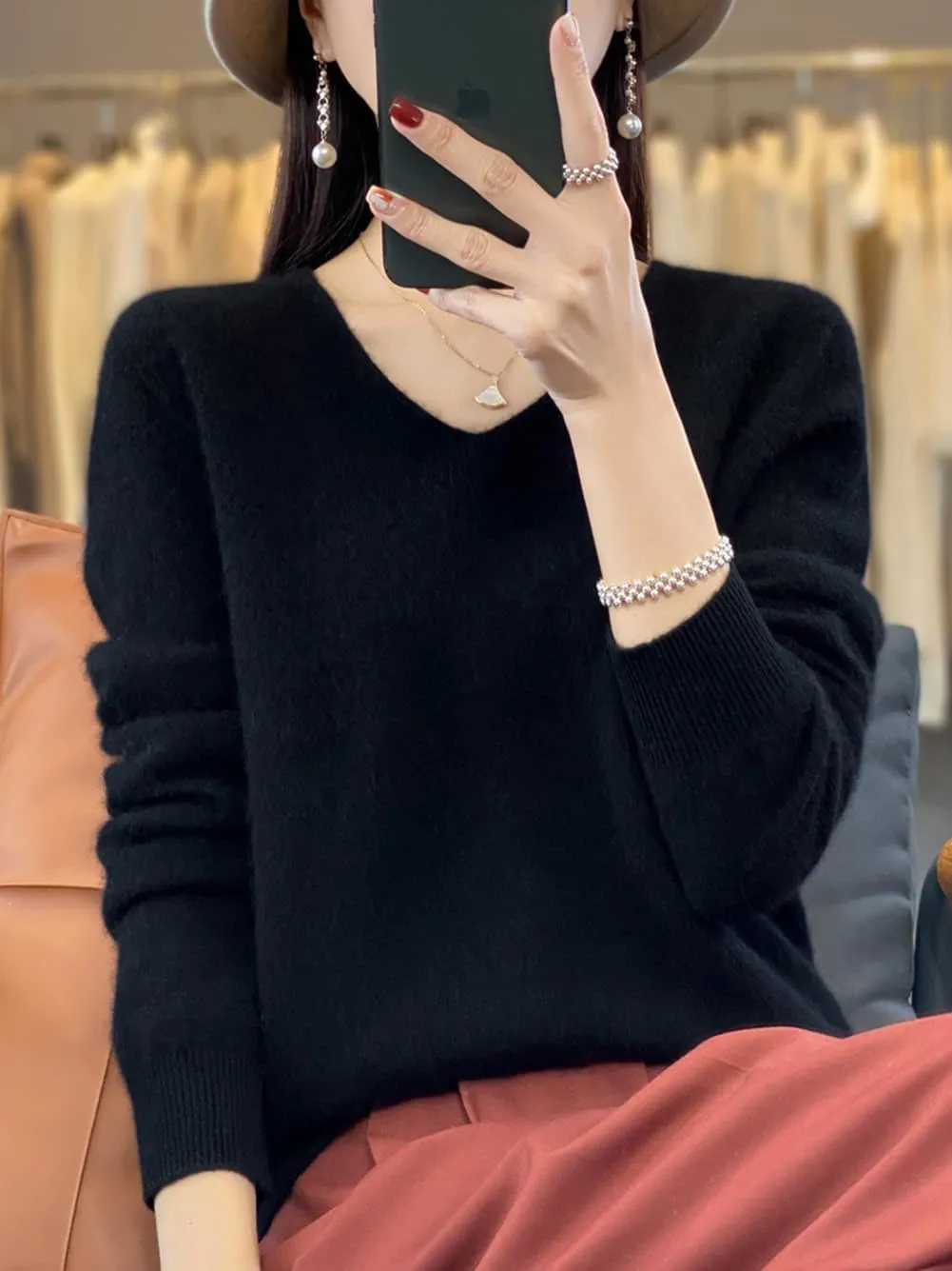 100% Merino Wool Sweaters Women's Female Fall Winter Warm Soft Knitted Loose Pullover V-Neck Long Sleeves(201)