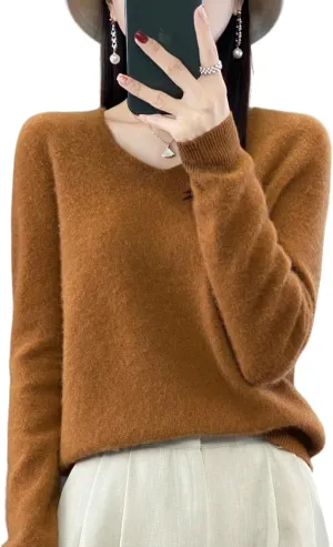 100% Merino Wool Sweaters Women's Female Fall Winter Warm Soft Knitted Loose Pullover V-Neck Long Sleeves(201)