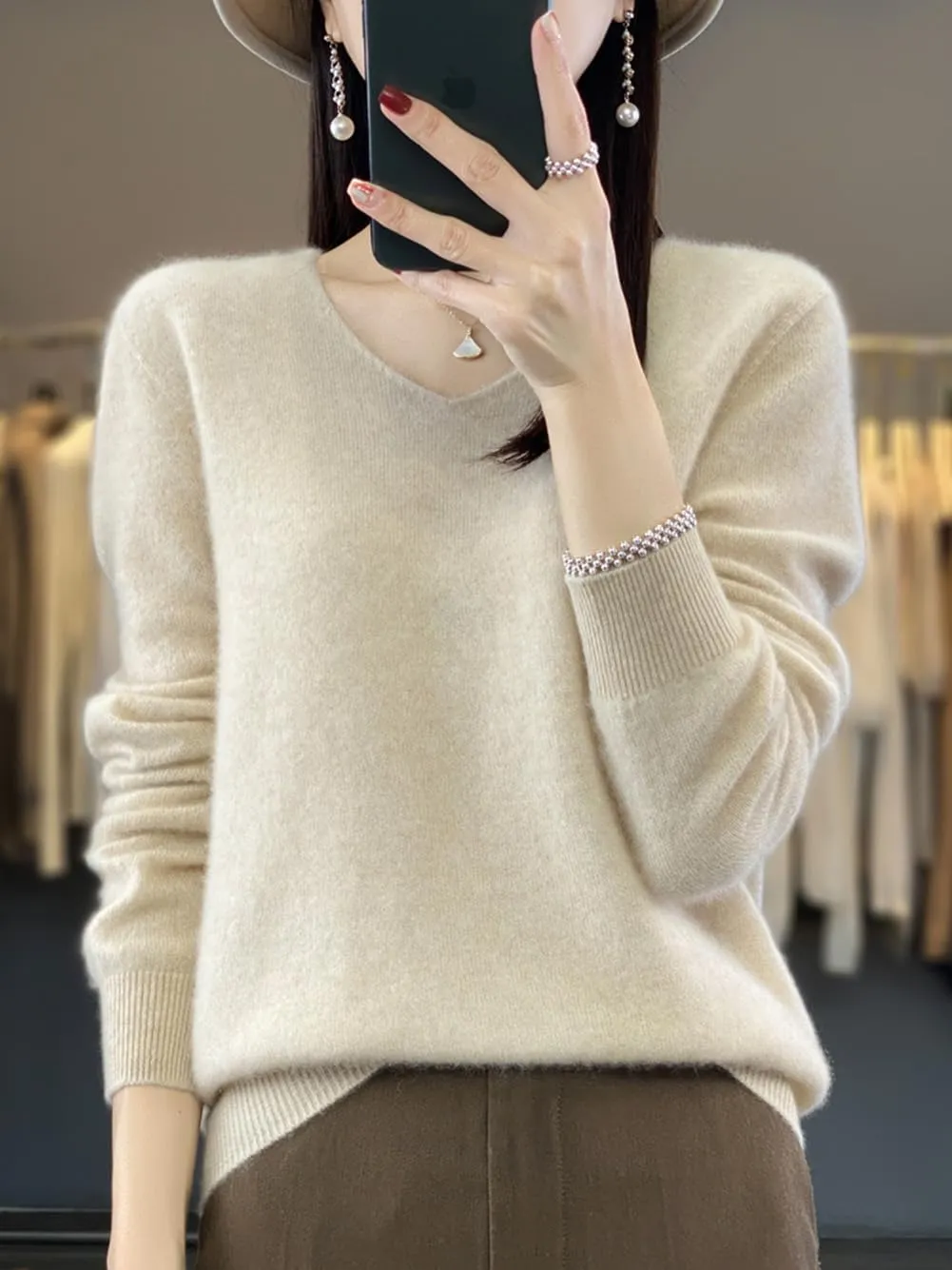 100% Merino Wool Sweaters Women's Female Fall Winter Warm Soft Knitted Loose Pullover V-Neck Long Sleeves(201)