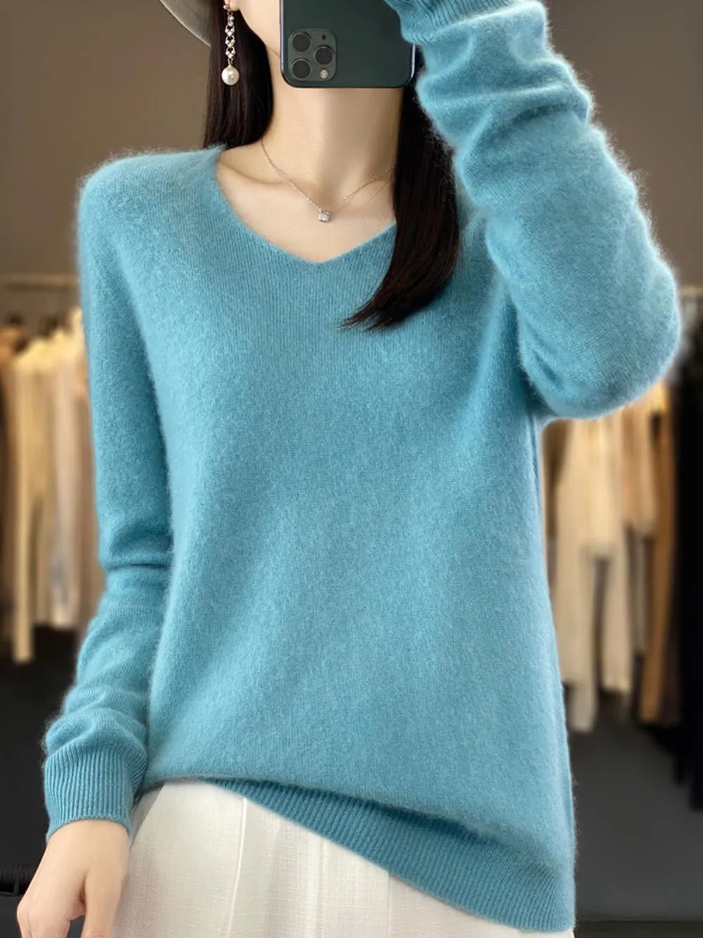 100% Merino Wool Sweaters Women's Female Fall Winter Warm Soft Knitted Loose Pullover V-Neck Long Sleeves(201)