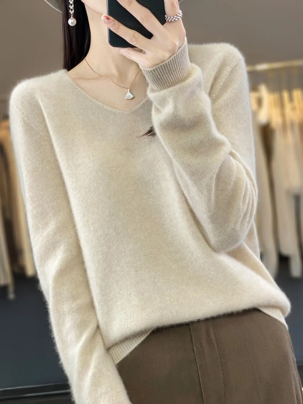 100% Merino Wool Sweaters Women's Female Fall Winter Warm Soft Knitted Loose Pullover V-Neck Long Sleeves(201)