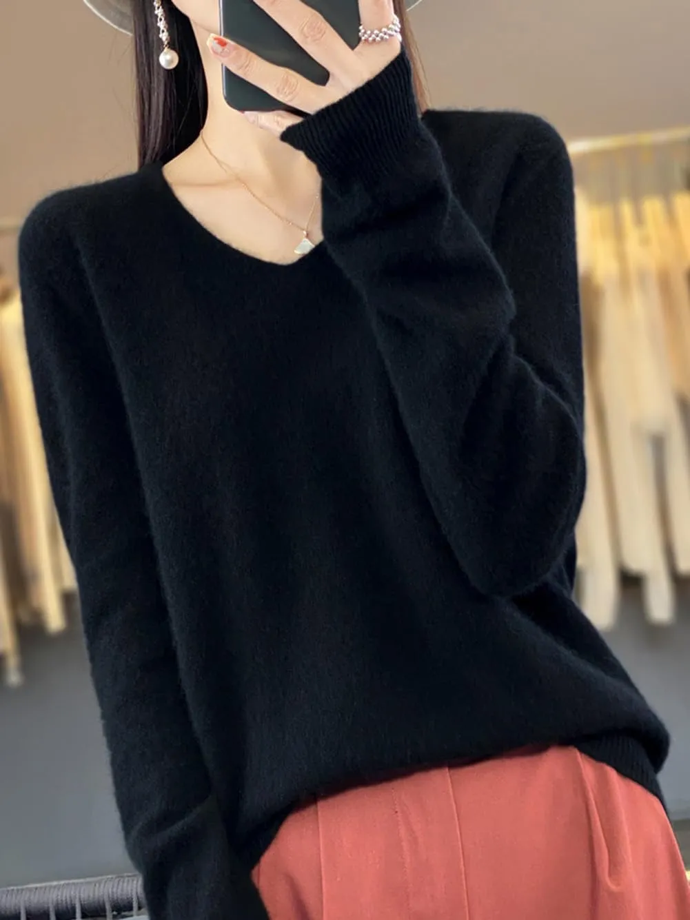100% Merino Wool Sweaters Women's Female Fall Winter Warm Soft Knitted Loose Pullover V-Neck Long Sleeves(201)