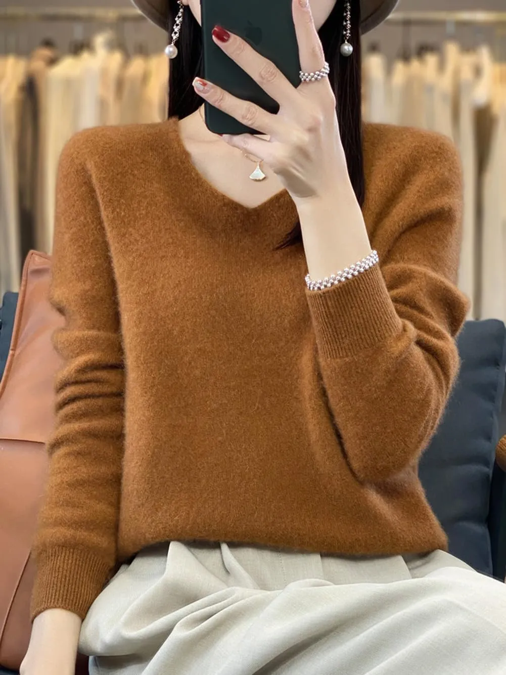 100% Merino Wool Sweaters Women's Female Fall Winter Warm Soft Knitted Loose Pullover V-Neck Long Sleeves(201)