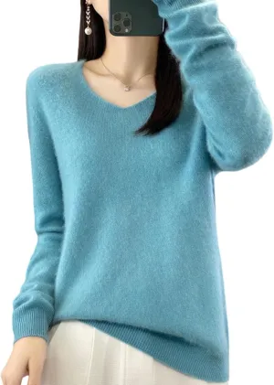 100% Merino Wool Sweaters Women's Female Fall Winter Warm Soft Knitted Loose Pullover V-Neck Long Sleeves(201)