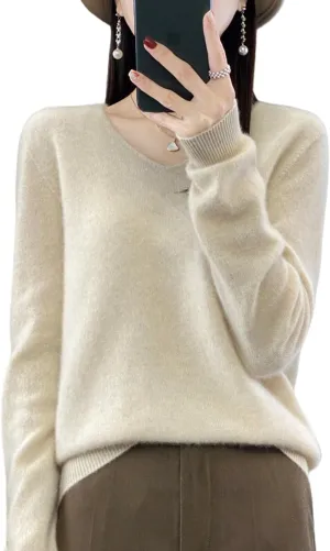 100% Merino Wool Sweaters Women's Female Fall Winter Warm Soft Knitted Loose Pullover V-Neck Long Sleeves(201)
