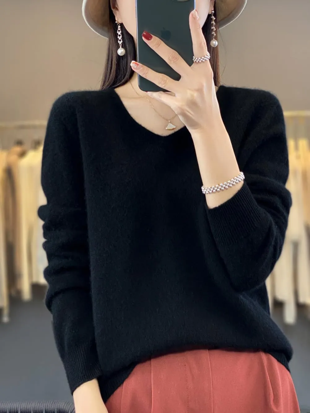 100% Merino Wool Sweaters Women's Female Fall Winter Warm Soft Knitted Loose Pullover V-Neck Long Sleeves(201)