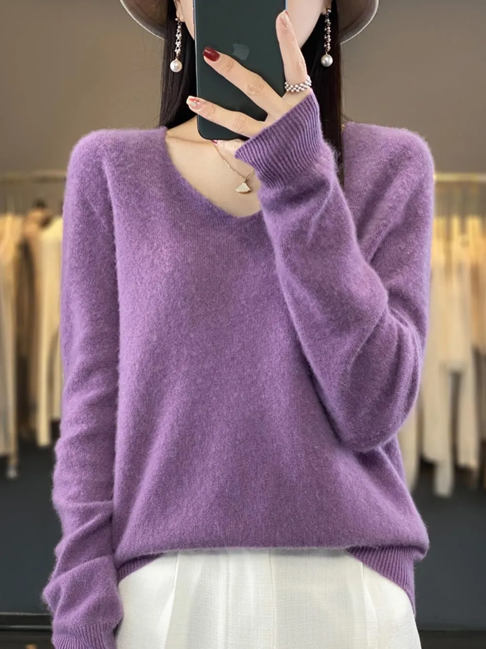 100% Merino Wool Sweaters Women's Female Fall Winter Warm Soft Knitted Loose Pullover V-Neck Long Sleeves(201)