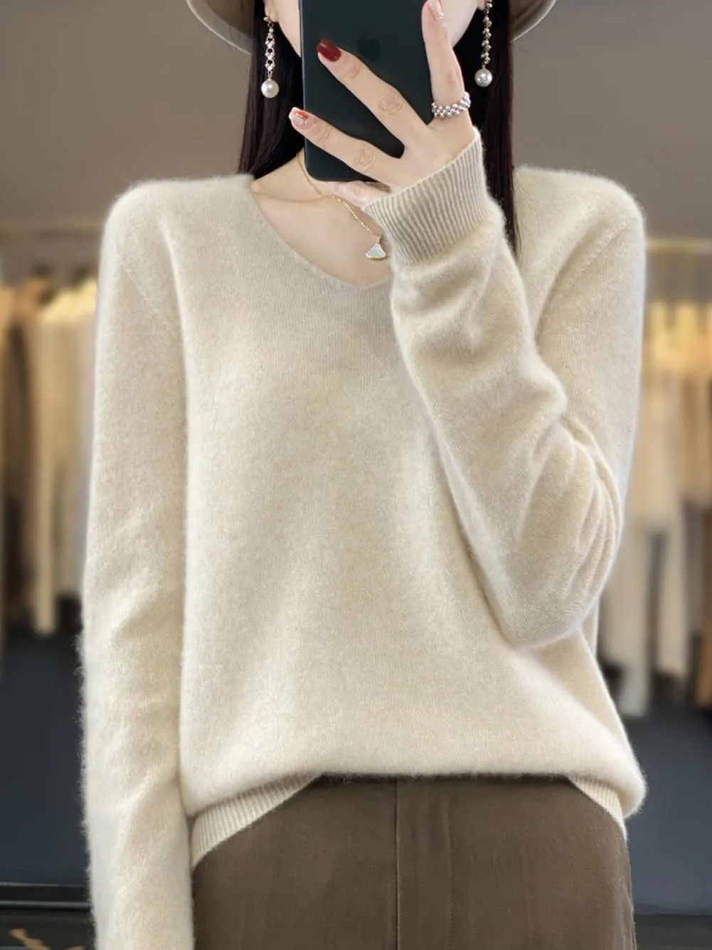 100% Merino Wool Sweaters Women's Female Fall Winter Warm Soft Knitted Loose Pullover V-Neck Long Sleeves(201)