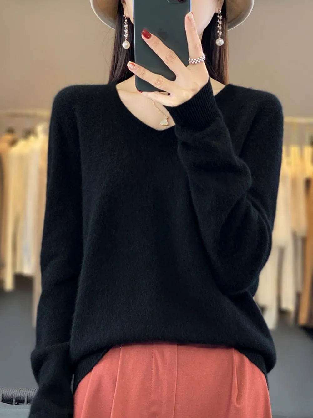 100% Merino Wool Sweaters Women's Female Fall Winter Warm Soft Knitted Loose Pullover V-Neck Long Sleeves(201)