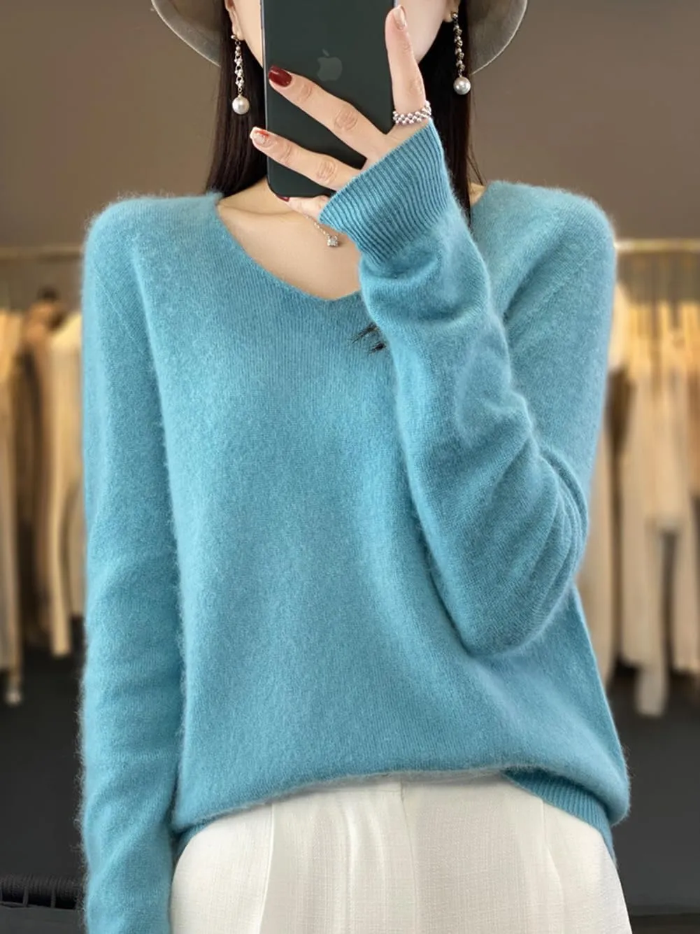 100% Merino Wool Sweaters Women's Female Fall Winter Warm Soft Knitted Loose Pullover V-Neck Long Sleeves(201)