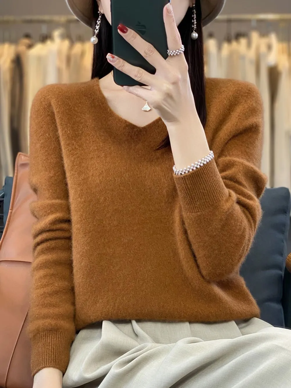 100% Merino Wool Sweaters Women's Female Fall Winter Warm Soft Knitted Loose Pullover V-Neck Long Sleeves(201)