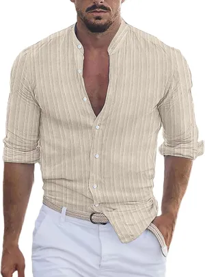 100 Percent Cotton Hemp Shirts for Men Short Sleeve Striped Button Down Athletic Shirt Summer Beach