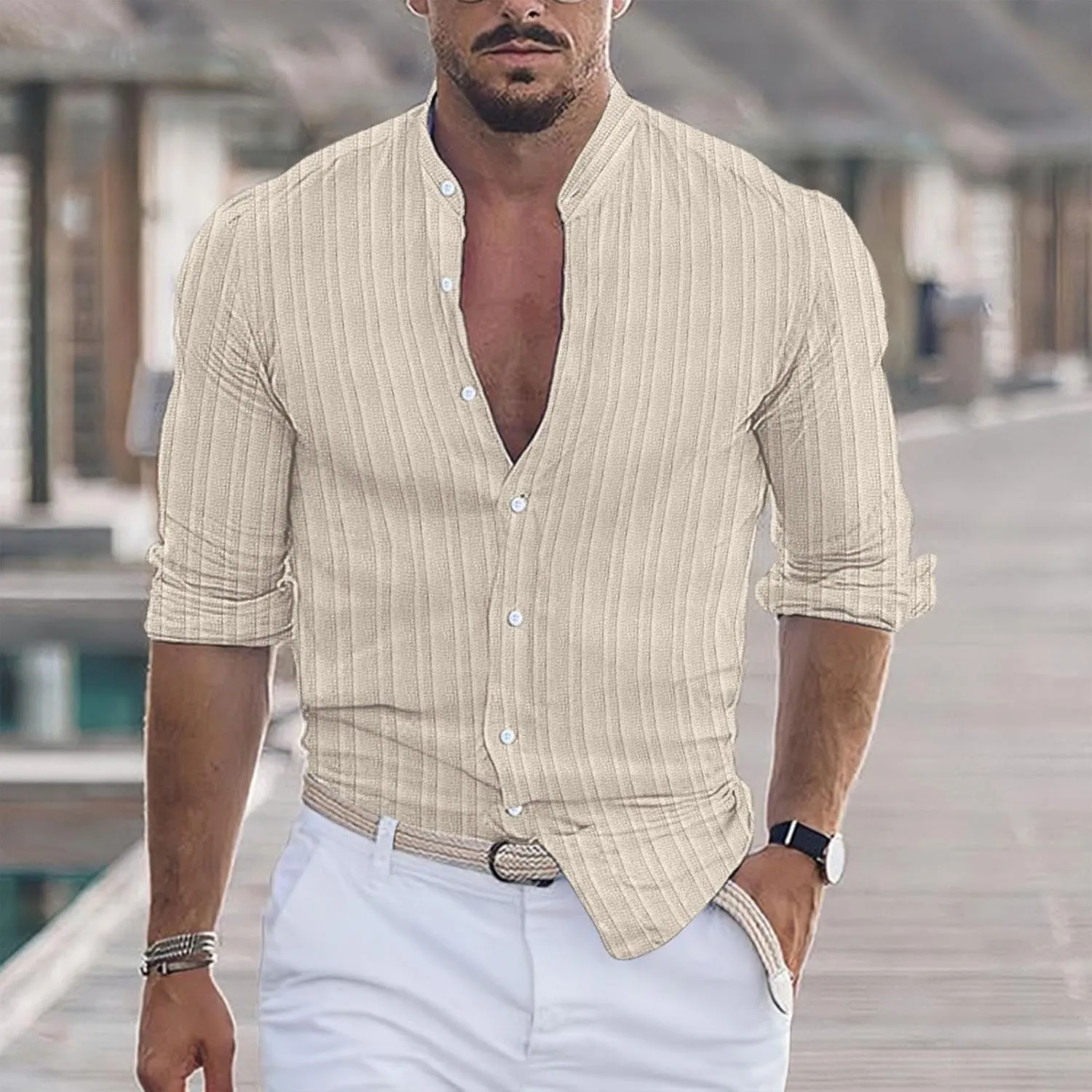 100 Percent Cotton Hemp Shirts for Men Short Sleeve Striped Button Down Athletic Shirt Summer Beach