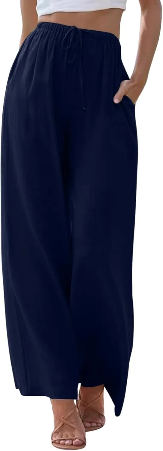2024 Women High Waisted Wide Leg Pants Dressy Fashion Drawstring Elastic Trousers Comfy Straight Leg Long Pants with Pocket