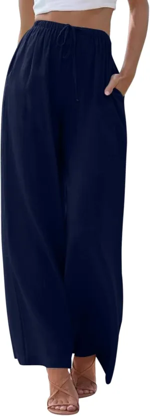2024 Women High Waisted Wide Leg Pants Dressy Fashion Drawstring Elastic Trousers Comfy Straight Leg Long Pants with Pocket