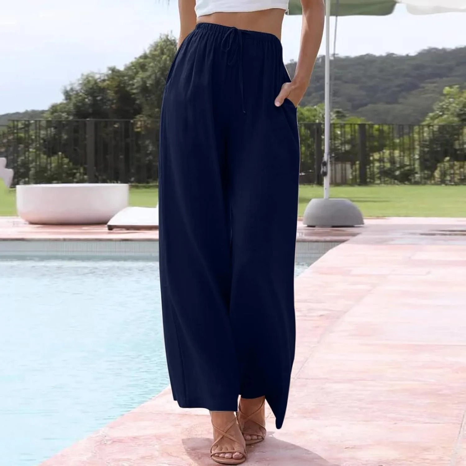 2024 Women High Waisted Wide Leg Pants Dressy Fashion Drawstring Elastic Trousers Comfy Straight Leg Long Pants with Pocket