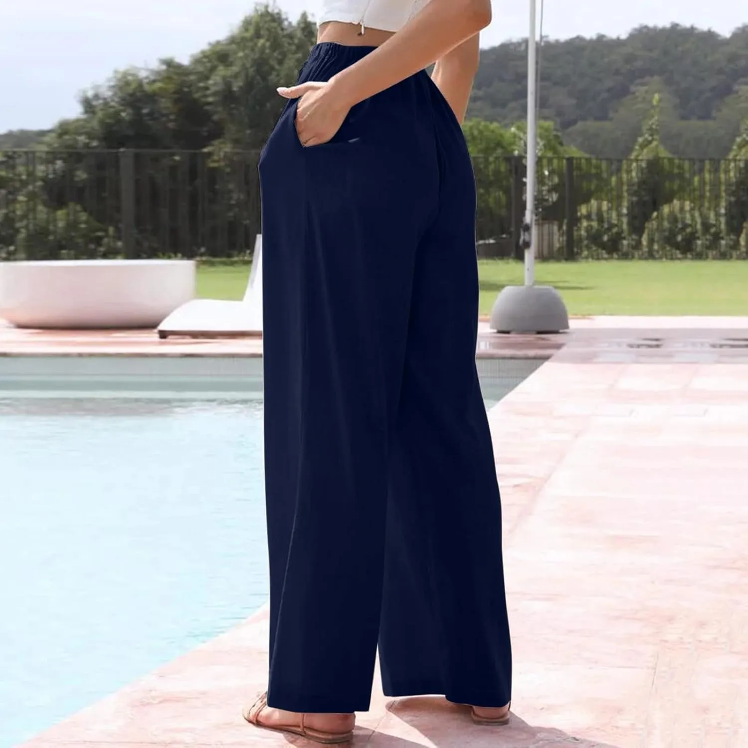 2024 Women High Waisted Wide Leg Pants Dressy Fashion Drawstring Elastic Trousers Comfy Straight Leg Long Pants with Pocket