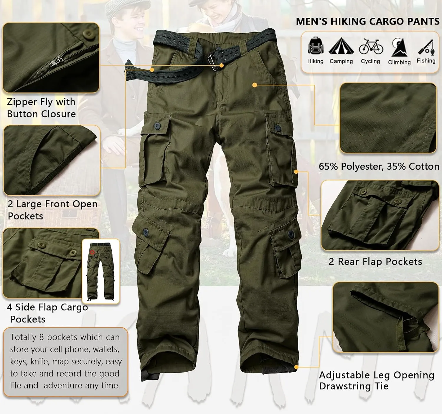AKARMY Men's Ripstop Wild Cargo Pants, Relaxed Fit Hiking Pants, Army Camo Combat Casual Work Pants with 8 Pockets(No Belt)