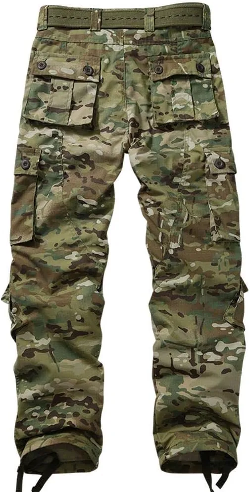 AKARMY Men's Ripstop Wild Cargo Pants, Relaxed Fit Hiking Pants, Army Camo Combat Casual Work Pants with 8 Pockets(No Belt)
