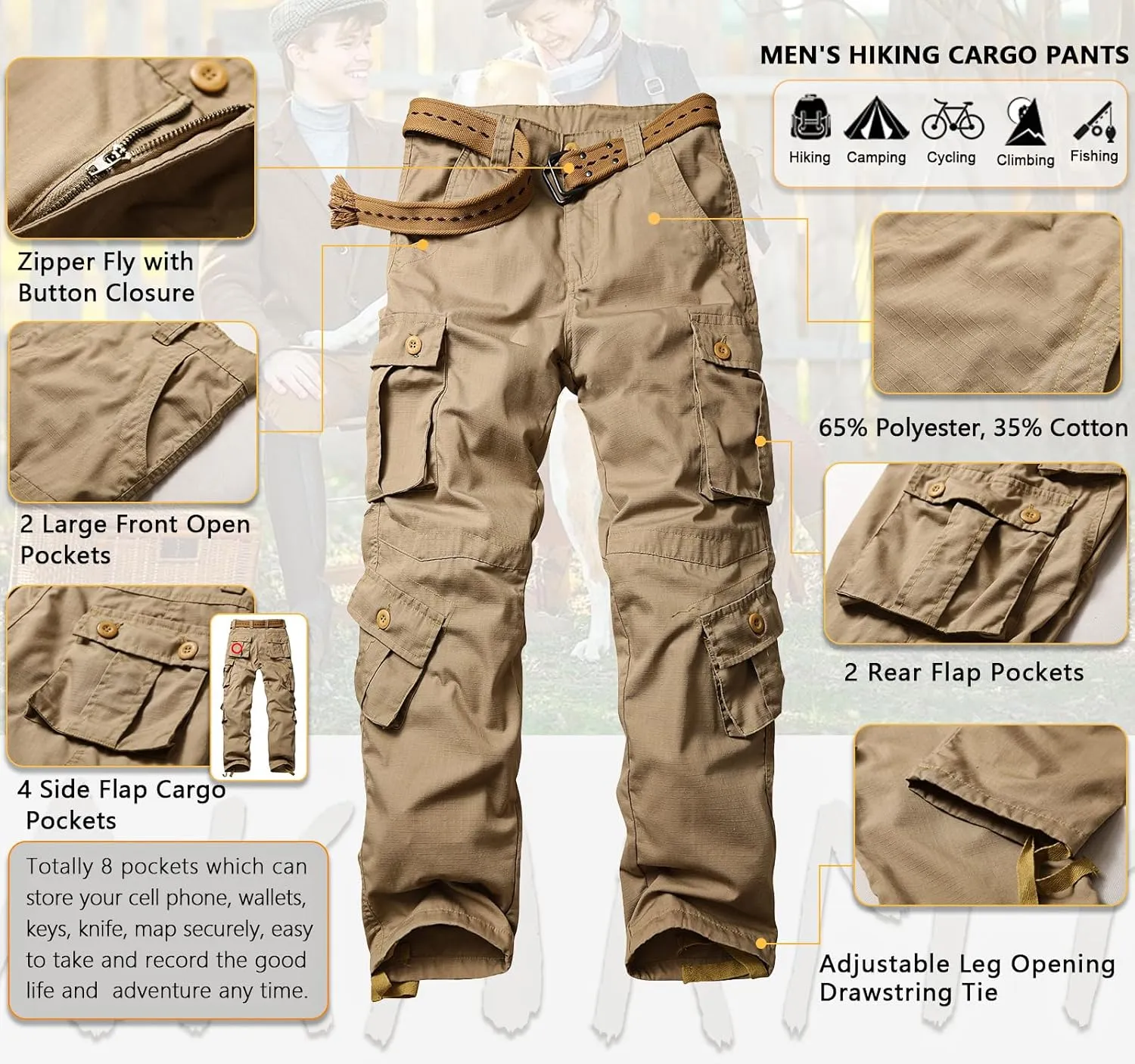 AKARMY Men's Ripstop Wild Cargo Pants, Relaxed Fit Hiking Pants, Army Camo Combat Casual Work Pants with 8 Pockets(No Belt)