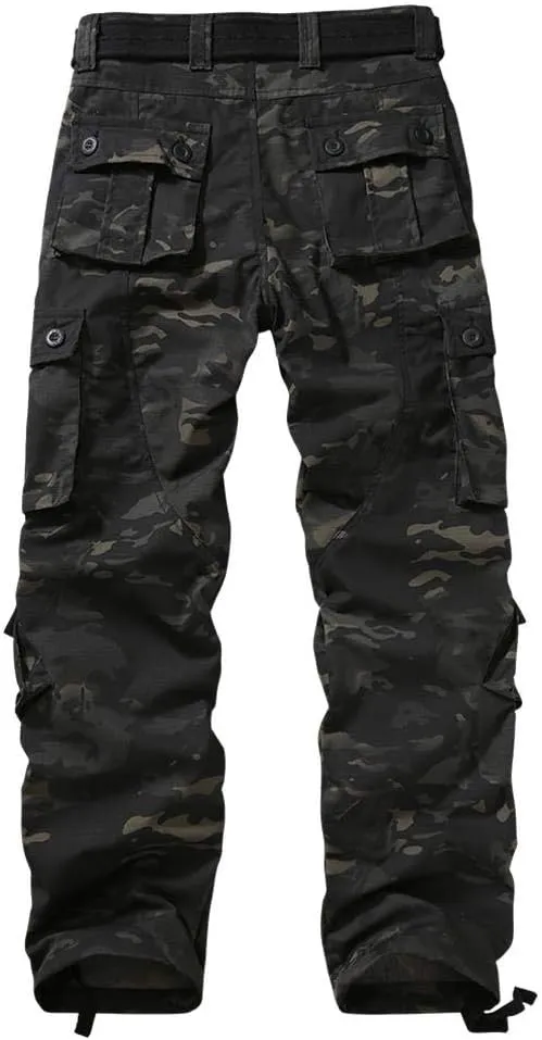 AKARMY Men's Ripstop Wild Cargo Pants, Relaxed Fit Hiking Pants, Army Camo Combat Casual Work Pants with 8 Pockets(No Belt)