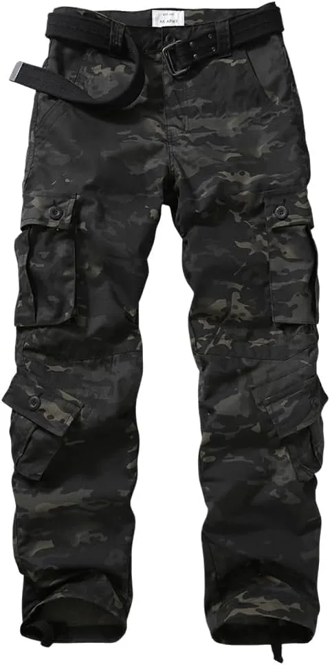 AKARMY Men's Ripstop Wild Cargo Pants, Relaxed Fit Hiking Pants, Army Camo Combat Casual Work Pants with 8 Pockets(No Belt)