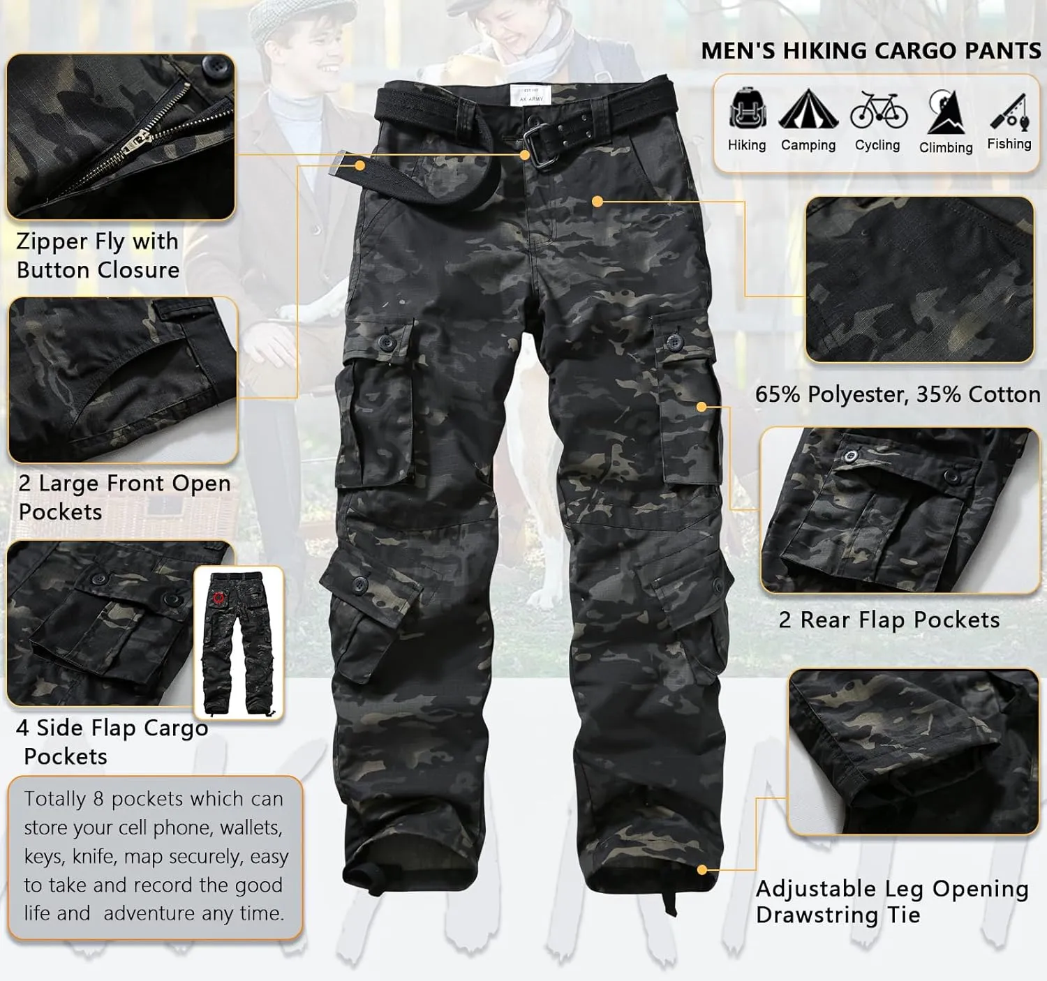 AKARMY Men's Ripstop Wild Cargo Pants, Relaxed Fit Hiking Pants, Army Camo Combat Casual Work Pants with 8 Pockets(No Belt)