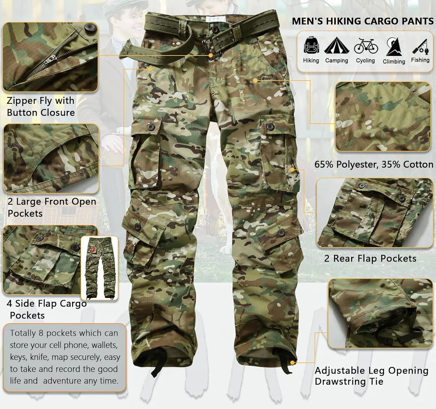 AKARMY Men's Ripstop Wild Cargo Pants, Relaxed Fit Hiking Pants, Army Camo Combat Casual Work Pants with 8 Pockets(No Belt)