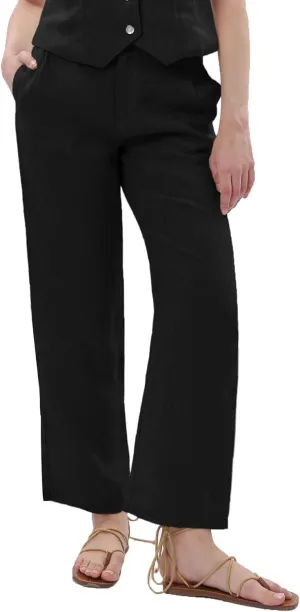 Amazhiyu Women's 100% Linen Summer Classic High-Waisted Straight-Leg Pants Casual