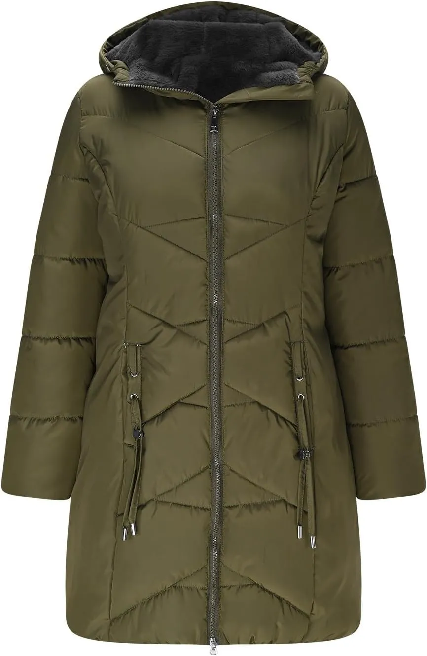 Borniu Women's Hooded Warm Winter Coat Quilted Thicken Puffer Jacket Fleece Lined Down Jacket Outerwear with Pockets
