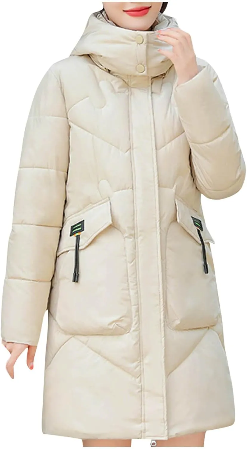 Borniu Women's Warm Thickened Parka Coat Winter Puffer Jacket Quilted Hooded Long Down Coat with Pockets