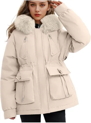 Borniu Women's Winter Puffer Coat Thicken Fleece Lined Down Jacket Faux Fur Detachable Hooded Parka Jacket Outerwear