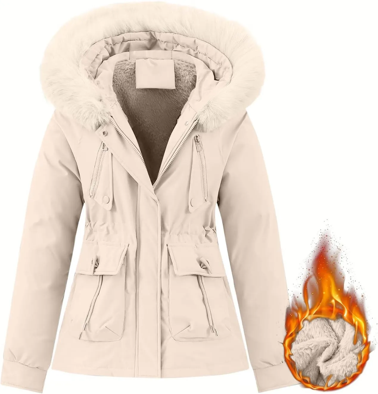 Borniu Women's Winter Puffer Coat Thicken Fleece Lined Down Jacket Faux Fur Detachable Hooded Parka Jacket Outerwear