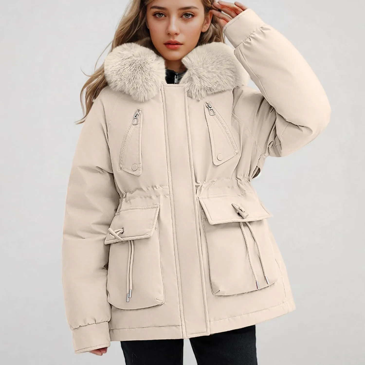 Borniu Women's Winter Puffer Coat Thicken Fleece Lined Down Jacket Faux Fur Detachable Hooded Parka Jacket Outerwear