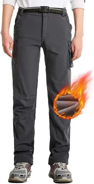 Boys Hiking Pants Waterproof, Fleece Lined Snow Pants Kids Tactical Cargo Pants, Rain Hunting Pants Youth