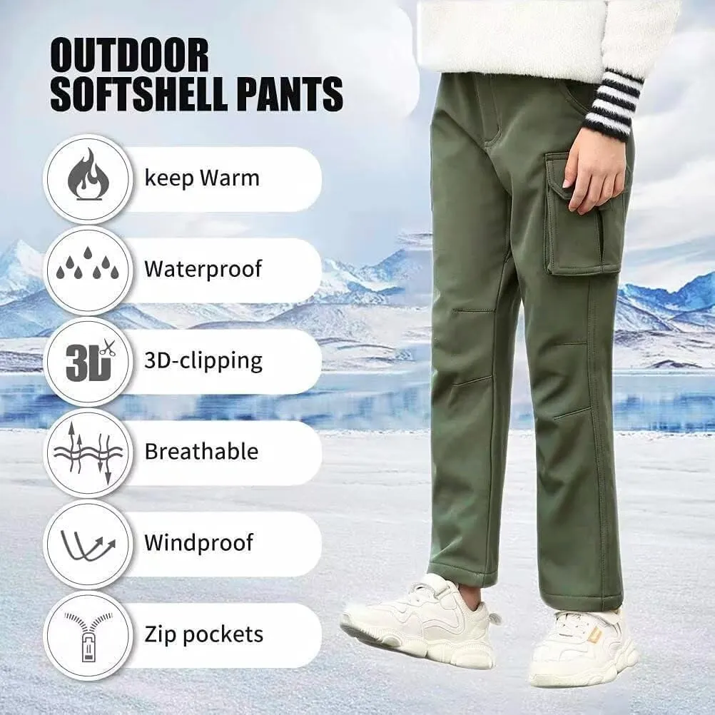 Boys Hiking Pants Waterproof, Fleece Lined Snow Pants Kids Tactical Cargo Pants, Rain Hunting Pants Youth