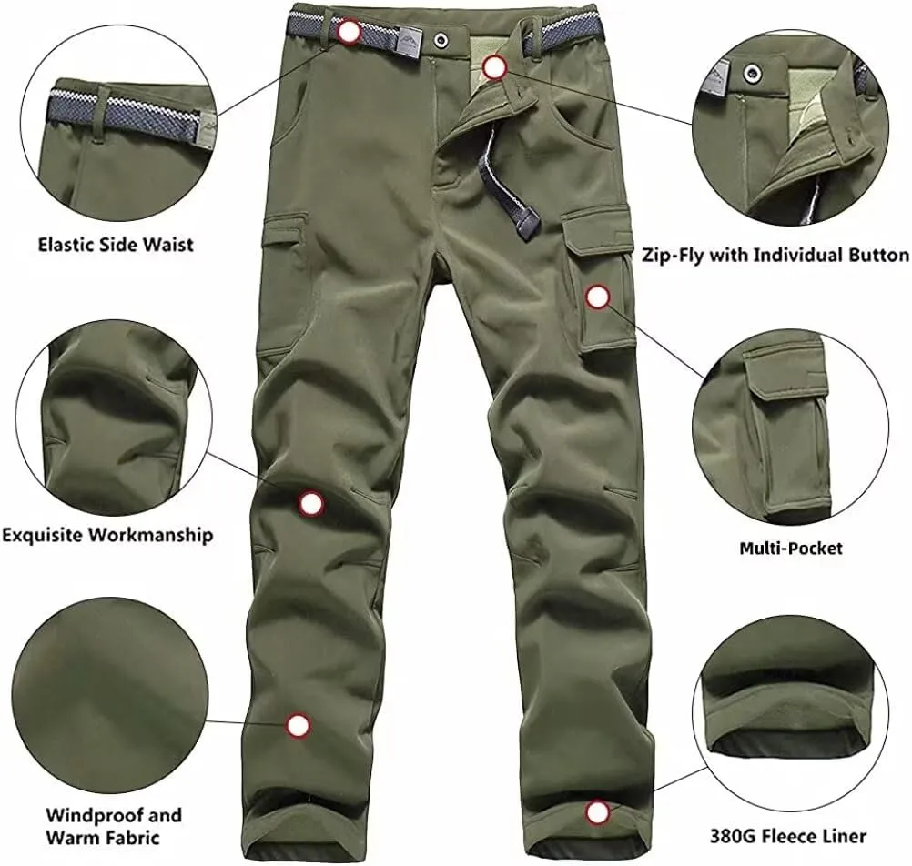 Boys Hiking Pants Waterproof, Fleece Lined Snow Pants Kids Tactical Cargo Pants, Rain Hunting Pants Youth