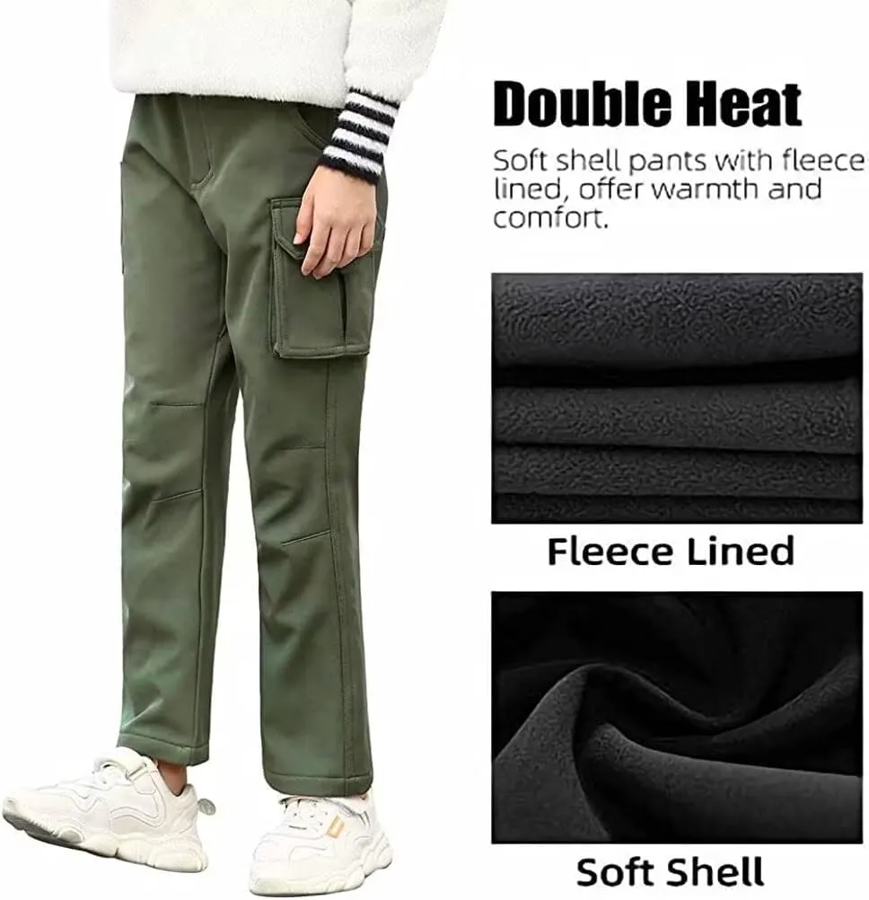 Boys Hiking Pants Waterproof, Fleece Lined Snow Pants Kids Tactical Cargo Pants, Rain Hunting Pants Youth
