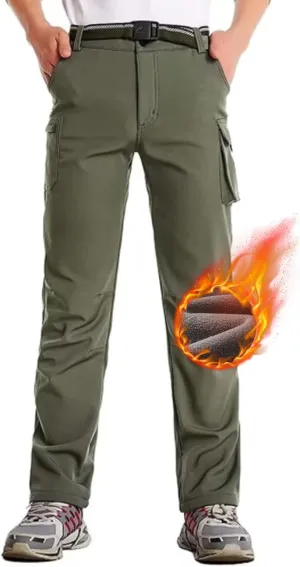 Boys Hiking Pants Waterproof, Fleece Lined Snow Pants Kids Tactical Cargo Pants, Rain Hunting Pants Youth