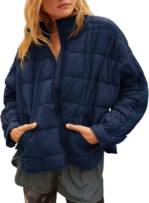 Canbebig Womens Quilted Puffer Jackets Oversized Lightweight Zipper Down Coats Long Sleeve Packable Jackets with Pockets