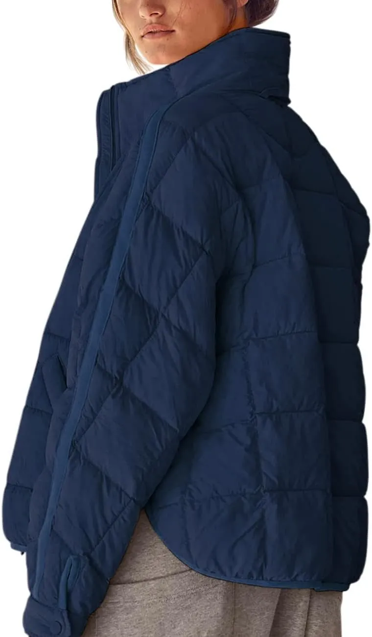 Canbebig Womens Quilted Puffer Jackets Oversized Lightweight Zipper Down Coats Long Sleeve Packable Jackets with Pockets