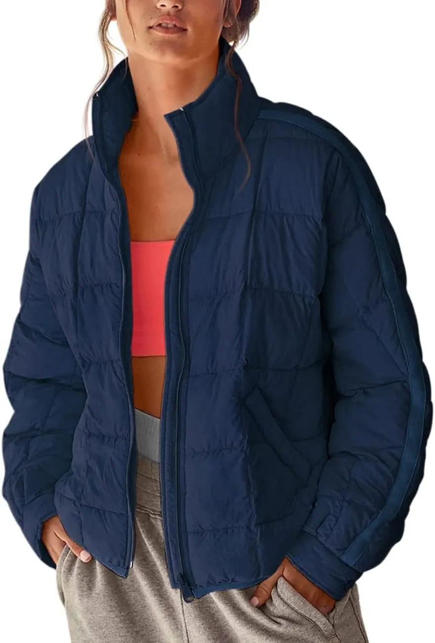 Canbebig Womens Quilted Puffer Jackets Oversized Lightweight Zipper Down Coats Long Sleeve Packable Jackets with Pockets